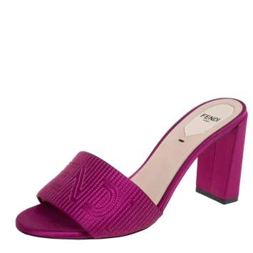 Pre Owned Fendi Pink Satin Logo Embroidered Block Heel Slide Sandals Size 38.5