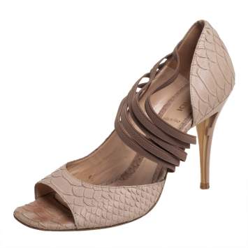 Pre Owned Fendi Beige Python Embossed Leather Open Toe Pumps Size 37