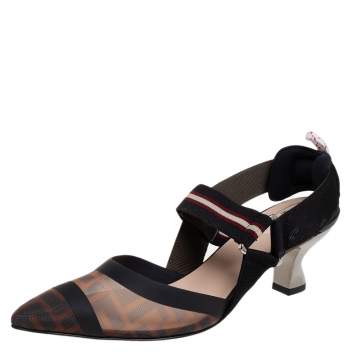 Pre Owned Fendi Colibri Mesh And Canvas Slingback Pointed Toe Sandals Size 38