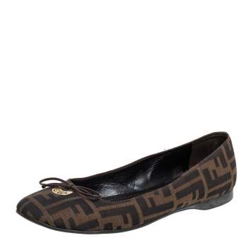 Pre Owned Fendi Brown Zucca Canvas Logo Bow Ballet Flats Size 39.5