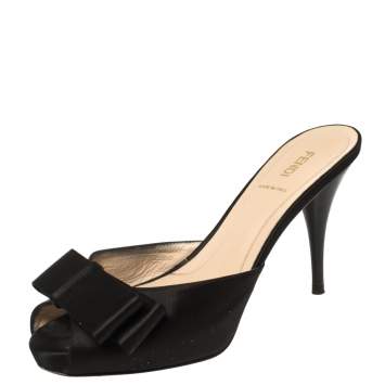 Pre Owned Fendi Black Satin Bow Peep Toe Slide Sandals Size 38.5