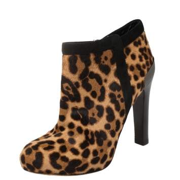 Pre Owned Fendi Leopard Print Pony Hair Platform Ankle Booties Size 37.5