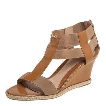 Pre Owned Fendi Beige Patent Leather And Elastic T Strap Espadrille Wedge Sandals Size 37