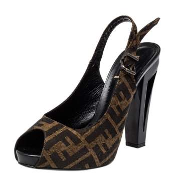 Pre Owned Fendi Brown Zucca Canvas Slingback Sandals Size 39