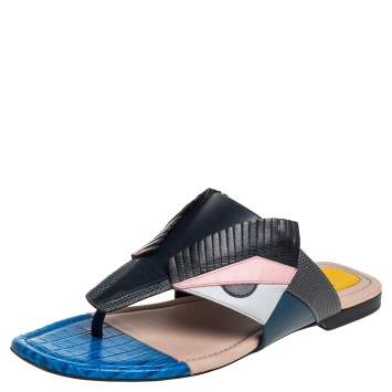 Pre Owned Fendi Multicolor Bugs Paneled Leather Thong Flats Size 37
