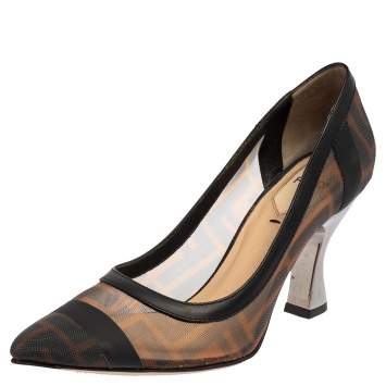 Pre Owned Fendi Black/ Brown Net And Leather Colibri Pointed Toe Pumps Size 35