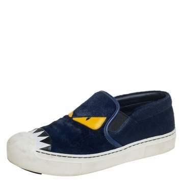 Pre Owned Fendi Blue/White Fur and Leather Monster Slip On Sneakers Size 38