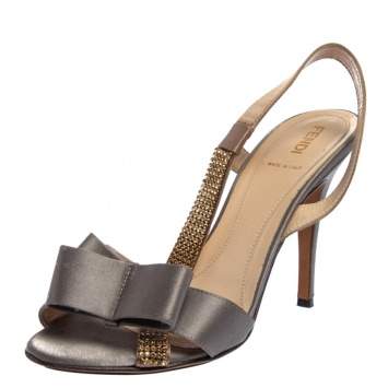 Pre Owned Fendi Grey/Brown Satin Crystal Embellished Bow Slingback Sandals Size 38