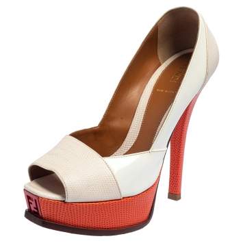 Pre Owned Fendi White/Orange Lizard Embossed Leather And Patent Leather Fendista Platform Pumps Size 38.5