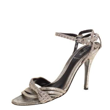 Pre Owned Fendi Silver/Beige Canvas And Suede Ankle Strap Sandals Size 37