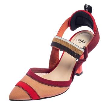 Pre Owned Fendi Red Mesh And Fabric Colibri Slingback Sandals Size 36