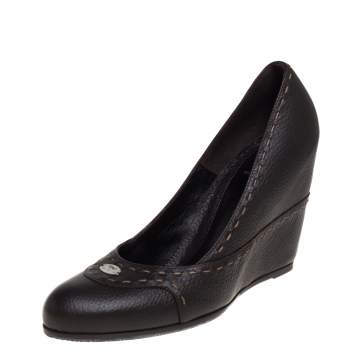 Pre Owned Fendi Dark Brown Leather Wedges Pumps  Size 40