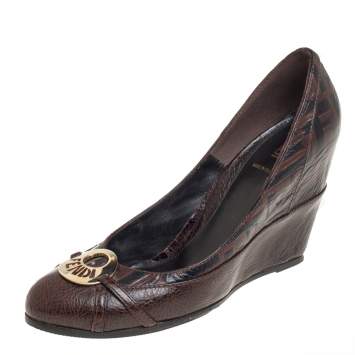 Pre Owned Fendi Brown FF Leather Embellished Wedge Pumps Size 40