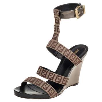 Pre Owned Fendi Beige/Brown FF Canvas And Leather Wedge Ankle Strap Sandals Size 40.5