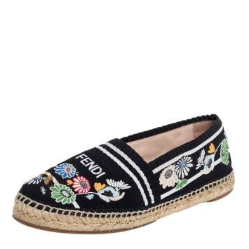 Pre Owned Fendi Black Embroidered Knit Fabric Espadrille Flats Size 39
