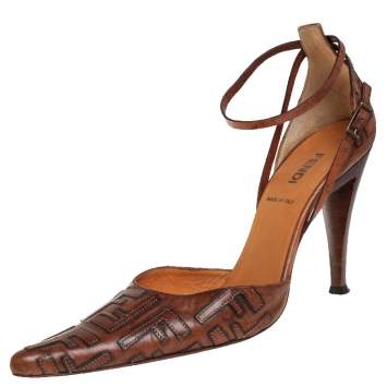 Pre Owned Fendi Brown FF Leather D'orsay Pointed Toe Ankle Strap Pumps Size 38 