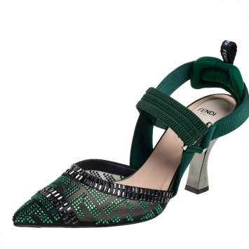 Pre Owned Fendi Green Embellished Mesh And Nylon Colibri Slingback Sandals Size 38