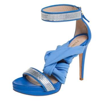Pre Owned Fendi Blue Embellished Leather And Fabric Open Toe Ankle Cuff Sandals Size 38.5