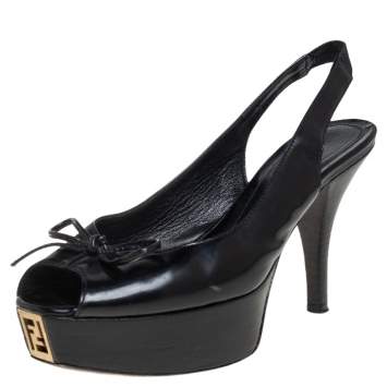 Pre Owned Fendi Black Leather Bow Peep Toe Slingback Platform Sandals Size 37
