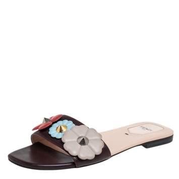Pre Owned Fendi Brown Leather Embellished Flat Sandals Size 38
