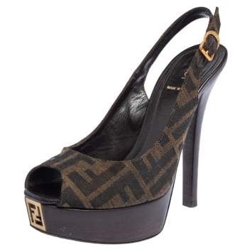 Pre Owned Fendi Tobacco Zucca Canvas Fendista Platform Slingback Sandals Size 37