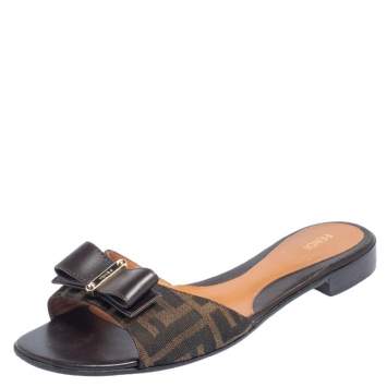 Pre Owned Fendi Zucca Canvas and Leather Bow Slide Flats Size 41