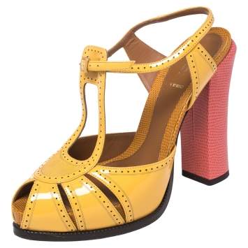 Pre Owned Fendi Yellow Patent Leather T-Strap Block Heel Peep Toe Pumps Size 40