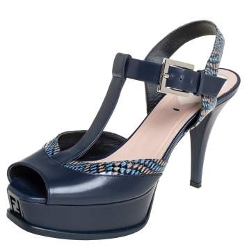 Pre Owned Fendi Blue Snake Embossed And Leather T-Strap Platform Sandals Size 39