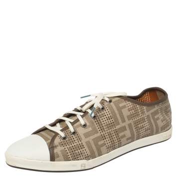 Pre Owned Fendi Beige/White Perforated Zucca Leather Lace Up Sneaker Size 44