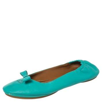 Pre Owned Fendi Turquoise Leather Bow Scrunch Ballet Flats Size 40