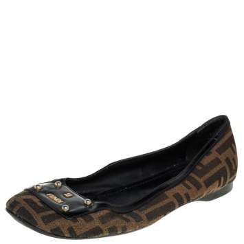 Pre Owned Fendi Tobacco Zucca Canvas And Patent Trim Ballet Flats Size 41