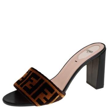 Pre Owned Fendi Brown FF Zucca Velvet Slide Sandals Size 40