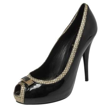 Pre Owned Fendi Black Patent and Textured Leather Peep Toe Platform Pumps Size 41