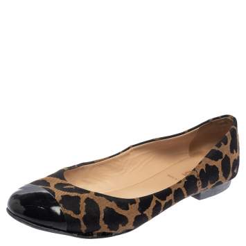 Pre Owned Fendi Brown/Black Patent Leather And Canvas Leopard Print Cap Toe Ballet Flats Size 41