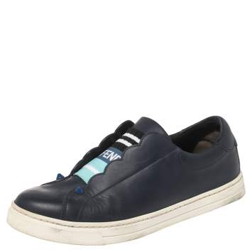 Pre Owned Fendi Blue Leather And Logo Knit Rockoclick Slip On Sneakers Size 36