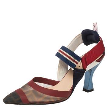 Pre Owned Fendi Multicolor FF Print Mesh And Nylon Colibri Slingback Sandals Size 37