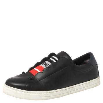 مملوكة مسبقًا Fendi Black And Blue Leather Logo Knit Rockoko Scallop Detail Slip On Sneakers Size 38.5