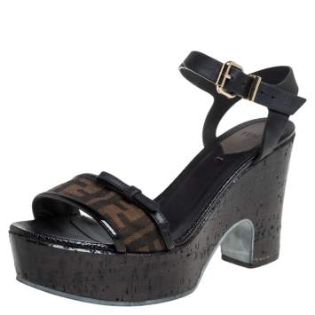 Pre Owned Fendi Black Zucca Canvas And Leather Platform Wedge Sandals Size 39