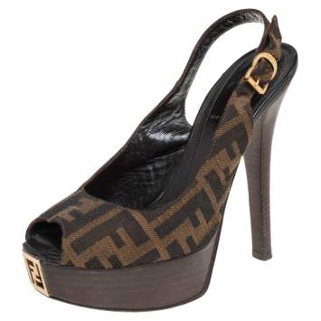 Pre Owned Fendi Tobacco Zucca Canvas Fendista Platform Slingback Sandals Size 36.5