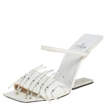 Pre Owned Fendi White Python Leather Embellished Mules Sandals Size 38