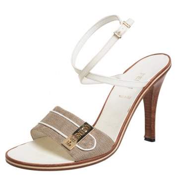 Pre Owned Fendi Beige/White Canvas And Leather Ankle Strap Sandals Size 39.5