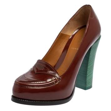 Pre Owned Fendi Brown Perforated Leather Loafer Pumps Size 35