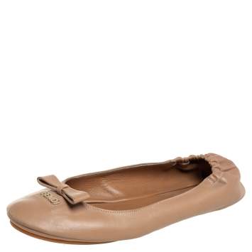 Pre Owned Fendi Beige Leather Let's Dance Bow Ballet Flats Size 38