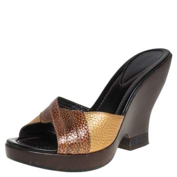 Pre Owned Fendi Metallic Gold Leather Open Toe Wedge Slide Sandals Size 40.5