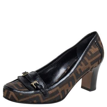 Pre Owned Fendi Brown Zucca Canvas And Leather Slip on Pumps Size 38