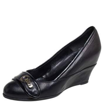 Pre Owned Fendi Black Leather Slip On Wedge Pumps Size 37.5