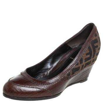 Pre Owned Fendi Brown Zucca Canvas And Leather Wedge Pumps Size 37.5