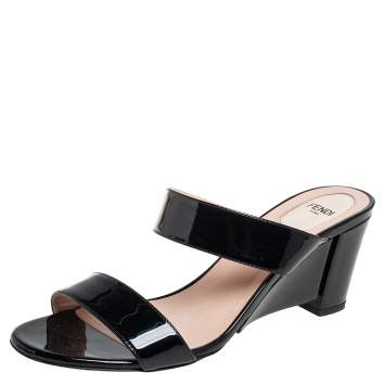 Pre Owned Fendi Black  Patent Leather Wedge Slides Sandals Size 39.5