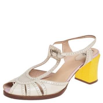 Pre Owned Fendi Yellow/Cream Leather Chameleon T-Strap Sandals Size 38.5