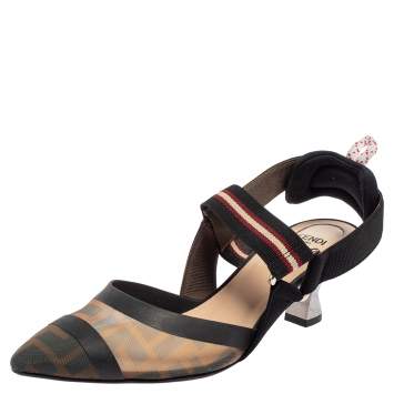Pre Owned Fendi Multicolor FF Mesh And Leather Colibrì Slingback Sandals Size 37